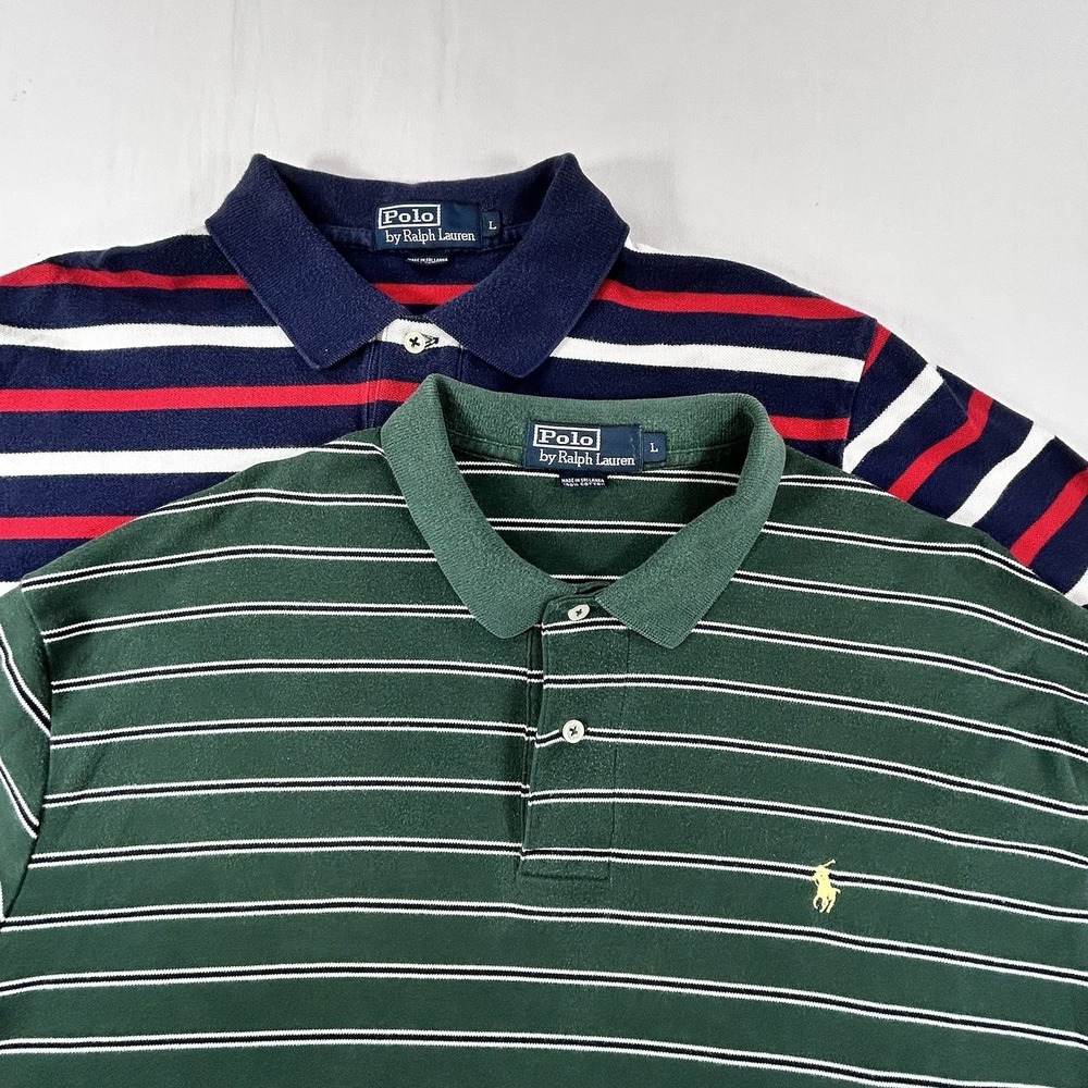 (2) Polo Ralph Lauren Men's L Green White Navy Red Striped Pique Shirts Pony